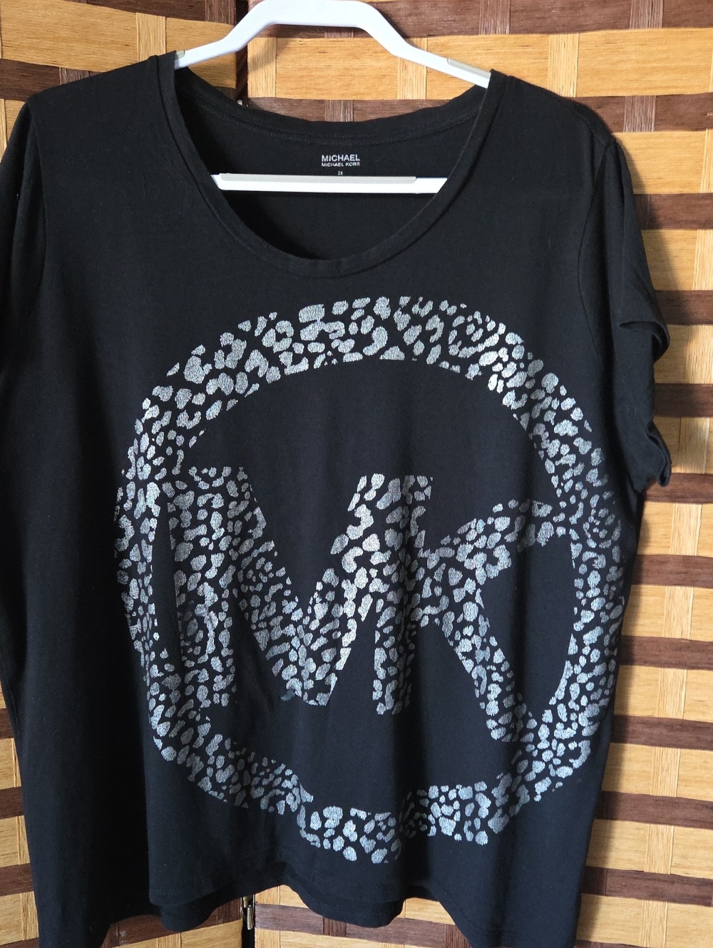 MICHAEL Michael Kors Black Long Sleeve Tee with Silver Leopard MK Logo